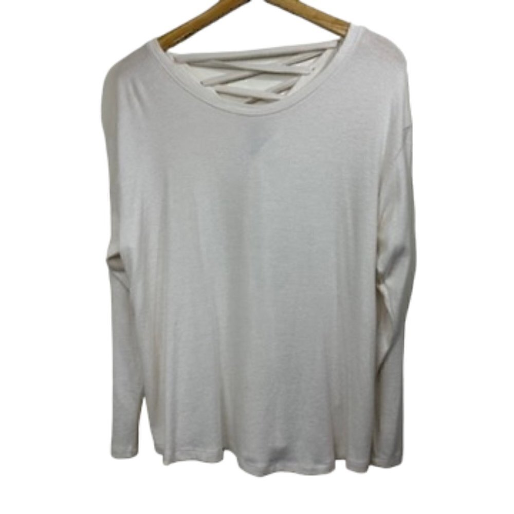 Bobeau Maree Lace-Up-Back Cozy Knit Top, Off White, size 1X